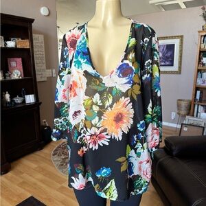 H&M sheer multicolored floral 3/4 sleeves low Vneck blouse-size 12